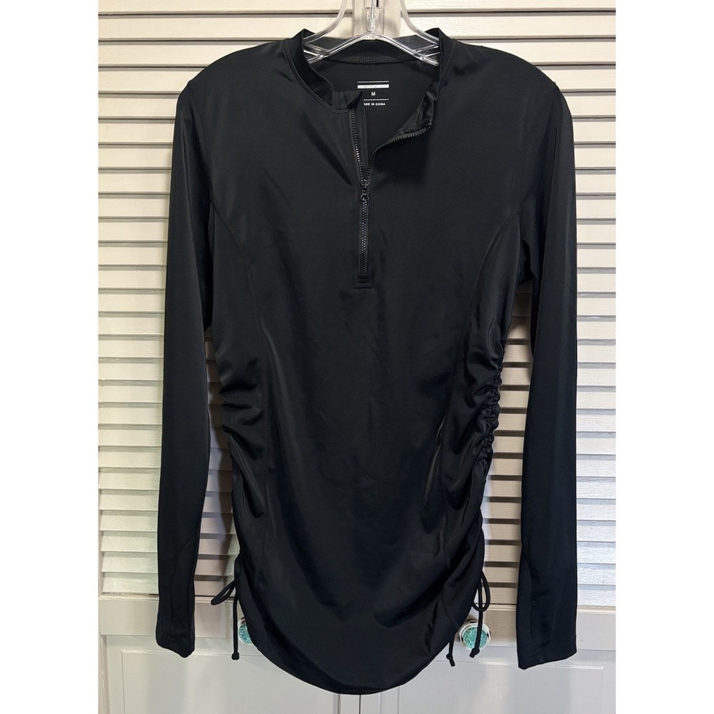 Athletic 1/4 Zip Activewear Top Tie Sides Size M‎ Black Thumb Holes